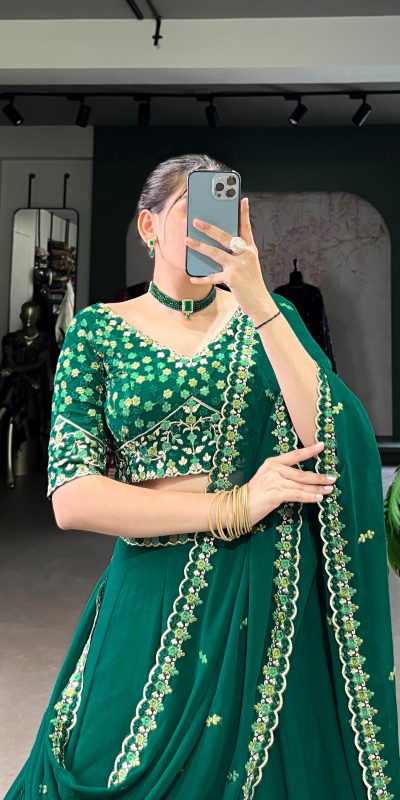 LNB 1447 Dark Green in Georgette Embroidery Work Lehenga Choli . Festive Deal ₹3299. Delivery 4-6 Working Days. Shop now. | Lehenga, Bollywood Lehenga, Creative Lehenga, Designer Lehenga, Embroidered Lehenga, Party Wear Lehenga