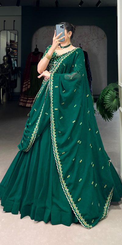 LNB 1447 Dark Green in Georgette Embroidery Work Lehenga Choli . Festive Deal ₹3299. Delivery 4-6 Working Days. Shop now. | Lehenga, Bollywood Lehenga, Creative Lehenga, Designer Lehenga, Embroidered Lehenga, Party Wear Lehenga