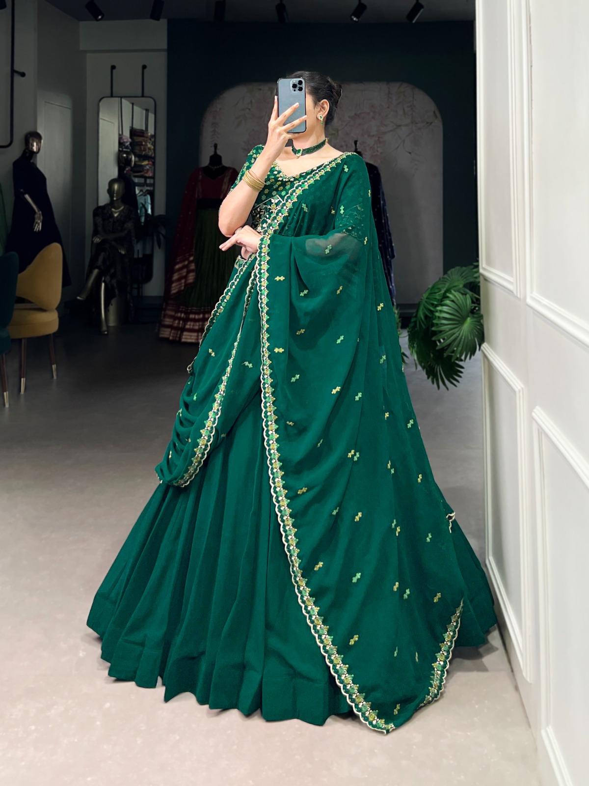 LNB 1447 Dark Green in Georgette Embroidery Work Lehenga Choli . Festive Deal ₹3299. Delivery 4-6 Working Days. Shop now. | Lehenga, Bollywood Lehenga, Creative Lehenga, Designer Lehenga, Embroidered Lehenga, Party Wear Lehenga