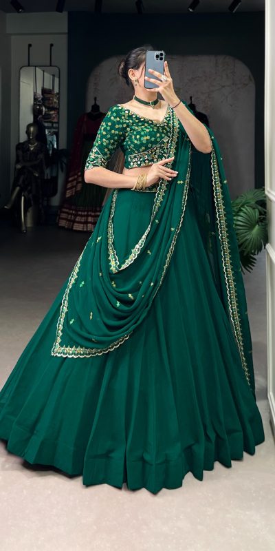 LNB 1447 Dark Green in Georgette Embroidery Work Lehenga Choli . Festive Deal ₹3299. Delivery 4-6 Working Days. Shop now. | Lehenga, Bollywood Lehenga, Creative Lehenga, Designer Lehenga, Embroidered Lehenga, Party Wear Lehenga