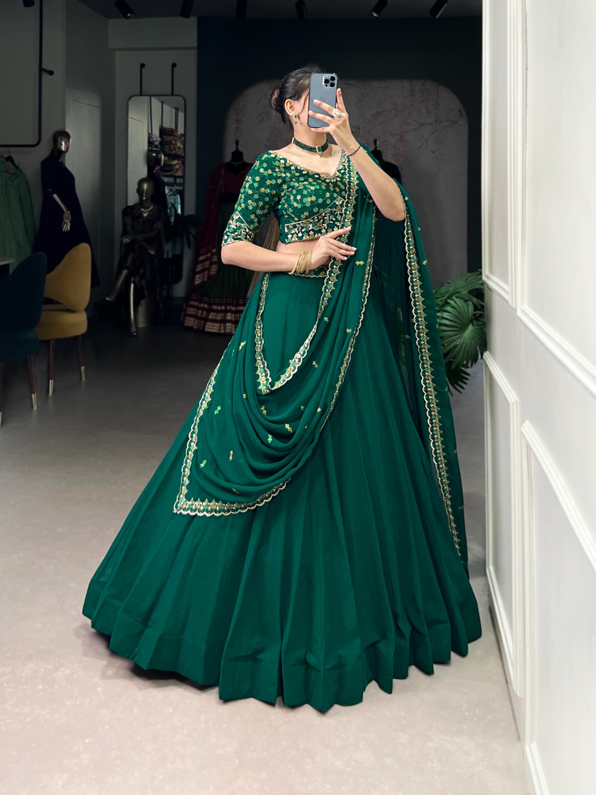 LNB 1447 Dark Green in Georgette Embroidery Work Lehenga Choli . Festive Deal ₹3299. Delivery 4-6 Working Days. Shop now. | Lehenga, Bollywood Lehenga, Creative Lehenga, Designer Lehenga, Embroidered Lehenga, Party Wear Lehenga
