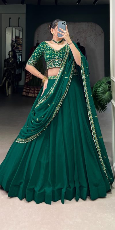 LNB 1447 Dark Green in Georgette Embroidery Work Lehenga Choli . Festive Deal ₹3299. Delivery 4-6 Working Days. Shop now. | Lehenga, Bollywood Lehenga, Creative Lehenga, Designer Lehenga, Embroidered Lehenga, Party Wear Lehenga