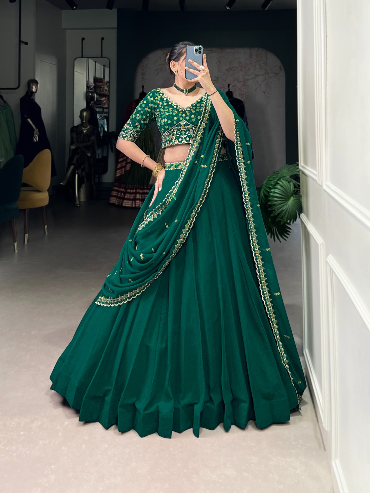LNB 1447 Dark Green in Georgette Embroidery Work Lehenga Choli . Festive Deal ₹3299. Delivery 4-6 Working Days. Shop now. | Lehenga, Bollywood Lehenga, Creative Lehenga, Designer Lehenga, Embroidered Lehenga, Party Wear Lehenga