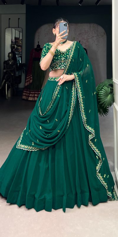 LNB 1447 Dark Green in Georgette Embroidery Work Lehenga Choli . Festive Deal ₹3299. Delivery 4-6 Working Days. Shop now. | Lehenga, Bollywood Lehenga, Creative Lehenga, Designer Lehenga, Embroidered Lehenga, Party Wear Lehenga