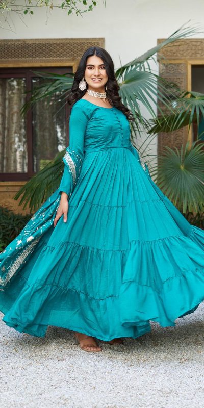 106 Firozi Color Vichitra Silk Gown Ram with Embroidery Work. Exclusive Offer ₹2049. Delivery 4-6 Working Days. Shop now. | Jump Suits, Salwar suit, Casual Suits, Creative suits, Designer Suits, Palazzo Suits, Party Wear Suits, Patiala Suits, Straight Suits