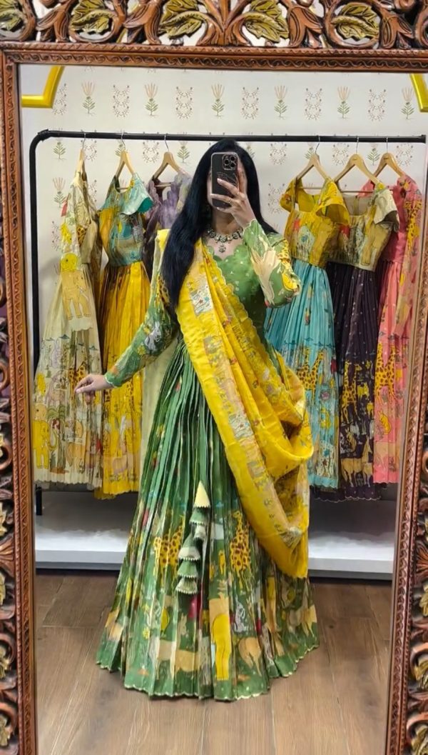 PC 539 Green Color Cotton Lehenga Choli with Kalamkari Print. Exclusive Offer ₹2049. Delivery 4-6 Working Days. Shop now. | Lehenga, Bollywood Lehenga, Creative Lehenga, Designer Lehenga, Embroidered Lehenga, Party Wear Lehenga