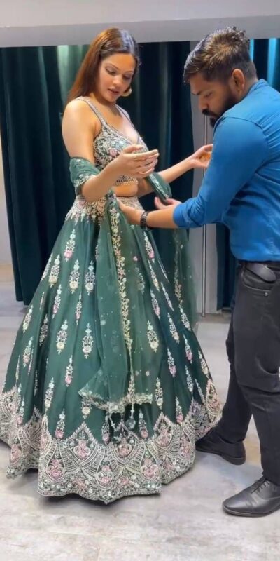KF 1623 Green Faux Georgette with Cut Work Lehenga Choli . Wedding, Party, Festive, Events, Delivery 4-6 Working Days. Shop now. | Lehenga, Bollywood Lehenga, Creative Lehenga, Designer Lehenga, Embroidered Lehenga, Party Wear Lehenga