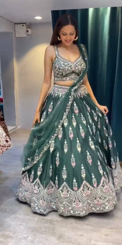 KF 1623 Green Faux Georgette with Cut Work Lehenga Choli . Wedding, Party, Festive, Events, Delivery 4-6 Working Days. Shop now. | Lehenga, Bollywood Lehenga, Creative Lehenga, Designer Lehenga, Embroidered Lehenga, Party Wear Lehenga