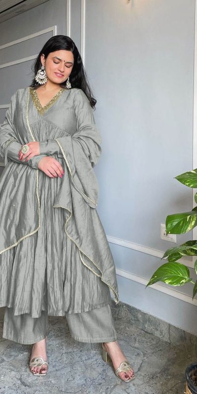 AD 152 Grey Color Pure Chinon Silk Embroidery Gown Fancy Full Sleeve Wedding, Party, Festive, Events Etc. Expected Delivery  4-6 Working Days @1799/ | Jump Suits, Salwar suit, Casual Suits, Creative suits, Designer Suits, Palazzo Suits, Party Wear Suits, Patiala Suits, Straight Suits