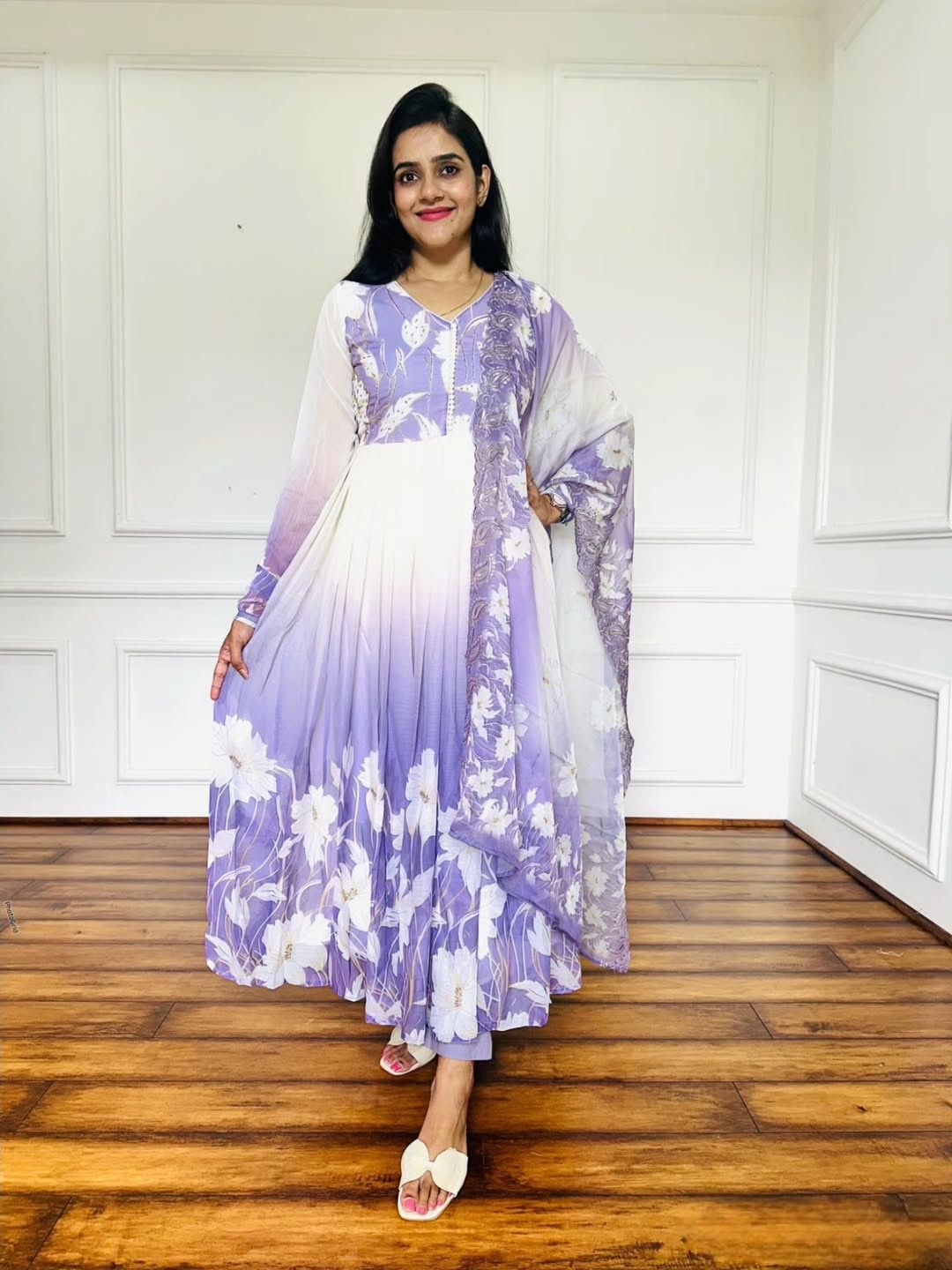 ZF 431 Lavender Faux Georgette Gown with Embroidery Work & Digital Print. Best Price ₹2049. Delivery 4-6 Working Days. Shop now. | Jump Suits, Salwar suit, Casual Suits, Creative suits, Designer Suits, Palazzo Suits, Party Wear Suits, Patiala Suits, Straight Suits