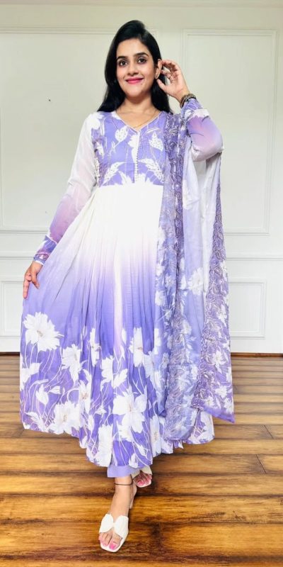 ZF 431 Lavender Faux Georgette Gown with Embroidery Work & Digital Print. Best Price ₹2049. Delivery 4-6 Working Days. Shop now. | Jump Suits, Salwar suit, Casual Suits, Creative suits, Designer Suits, Palazzo Suits, Party Wear Suits, Patiala Suits, Straight Suits