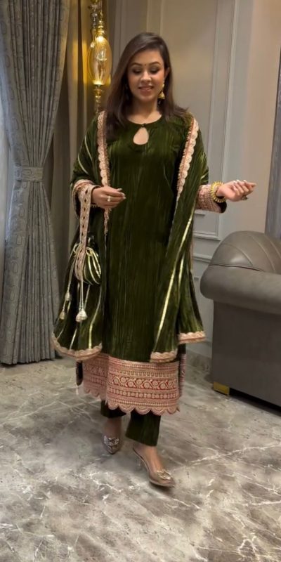VLM 241 Mahendi in Crash Viscose Velvet Embroidery Work Salwar Suit . Affordable Price ₹2399. Delivery 4-6 Working Days. Shop now. | Jump Suits, Salwar suit, Casual Suits, Creative suits, Designer Suits, Palazzo Suits, Party Wear Suits, Patiala Suits, Straight Suits