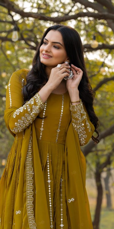 Ram 080 Mahendi Fox Georgette Gown with Embroidery Work. Wedding, Party, Festive, Events, Best Price ₹2049. Delivery 4-6 Working Days. Shop now. | Jump Suits, Salwar suit, Casual Suits, Creative suits, Designer Suits, Palazzo Suits, Party Wear Suits, Patiala Suits, Straight Suits