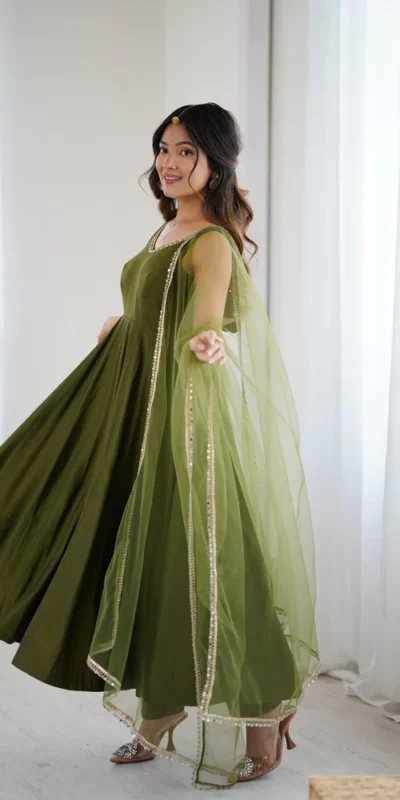 KB 285 Mahendi in Roman Silk Chanderi Mirror Work & Lace Work Gown . Best Price ₹1929. Delivery 4-6 Working Days. Shop now. | Jump Suits, Salwar suit, Casual Suits, Creative suits, Designer Suits, Palazzo Suits, Party Wear Suits, Patiala Suits, Straight Suits