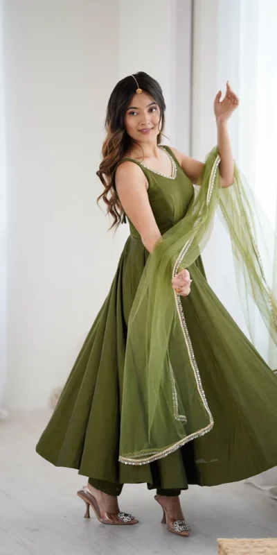 KB 285 Mahendi in Roman Silk Chanderi Mirror Work & Lace Work Gown . Best Price ₹1929. Delivery 4-6 Working Days. Shop now. | Jump Suits, Salwar suit, Casual Suits, Creative suits, Designer Suits, Palazzo Suits, Party Wear Suits, Patiala Suits, Straight Suits