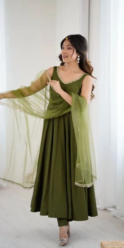 KB 285 Mahendi in Roman Silk Chanderi Mirror Work & Lace Work Gown . Best Price ₹1929. Delivery 4-6 Working Days. Shop now. | Jump Suits, Salwar suit, Casual Suits, Creative suits, Designer Suits, Palazzo Suits, Party Wear Suits, Patiala Suits, Straight Suits