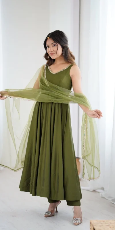 KB 285 Mahendi in Roman Silk Chanderi Mirror Work & Lace Work Gown . Best Price ₹1929. Delivery 4-6 Working Days. Shop now. | Jump Suits, Salwar suit, Casual Suits, Creative suits, Designer Suits, Palazzo Suits, Party Wear Suits, Patiala Suits, Straight Suits