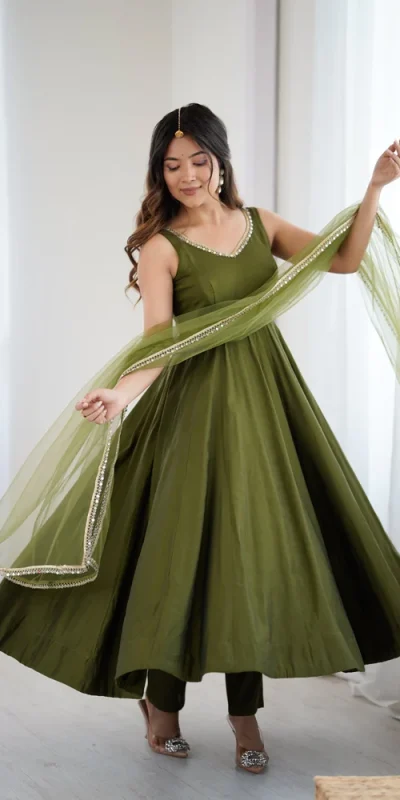 KB 285 Mahendi in Roman Silk Chanderi Mirror Work & Lace Work Gown . Best Price ₹1929. Delivery 4-6 Working Days. Shop now. | Jump Suits, Salwar suit, Casual Suits, Creative suits, Designer Suits, Palazzo Suits, Party Wear Suits, Patiala Suits, Straight Suits