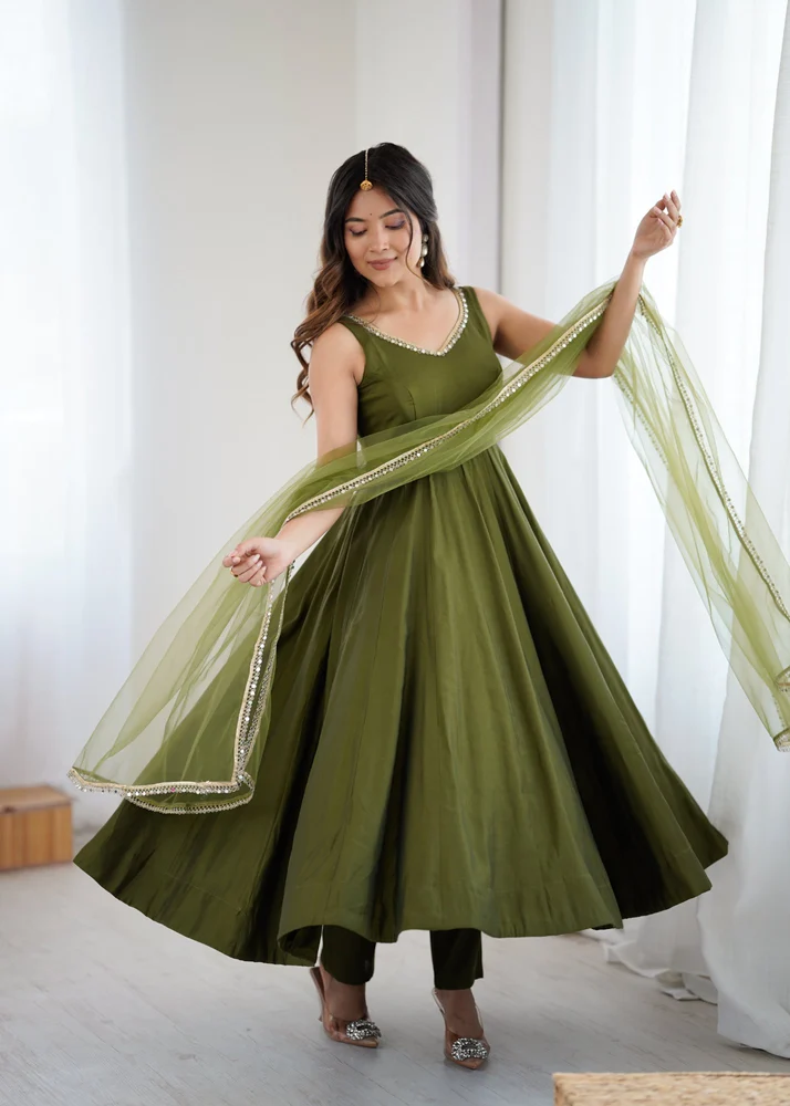 KB 285 Mahendi in Roman Silk Chanderi Mirror Work & Lace Work Gown . Best Price ₹1929. Delivery 4-6 Working Days. Shop now. | Jump Suits, Salwar suit, Casual Suits, Creative suits, Designer Suits, Palazzo Suits, Party Wear Suits, Patiala Suits, Straight Suits