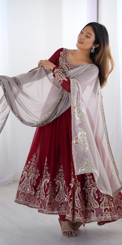 ZF 5008 Maroon Georgette Gown with Embroidery Work. Wedding, Party, Festive, Events, Special Price ₹2049. Delivery 4-6 Working Days. Shop now. | Jump Suits, Salwar suit, Casual Suits, Creative suits, Designer Suits, Palazzo Suits, Party Wear Suits, Patiala Suits, Straight Suits