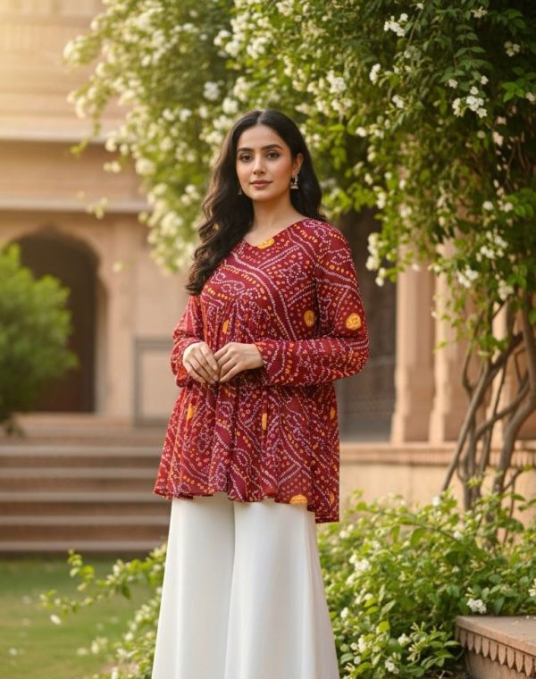 INLI Bandhej Maroon Color Pure Georgette Kurti with Designer Work. Wedding, Party, Festive, Events Best Price ₹1349. Delivery 4-6 Working Days. Shop now. | Kurti, Bollywood Kurti, Creative Kurtis, Designer Kurti, Party Wear Kurti, Selfie Kurti