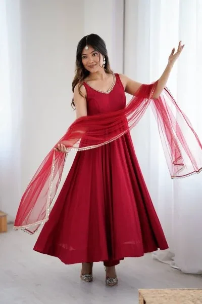 KB 285 Maroon in Roman Silk Chanderi Mirror Work & Lace Work Gown . Best Price ₹1929. Delivery 4-6 Working Days. Shop now. | Jump Suits, Salwar suit, Casual Suits, Creative suits, Designer Suits, Palazzo Suits, Party Wear Suits, Patiala Suits, Straight Suits