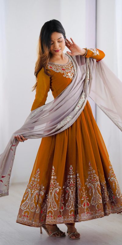 ZF 5008 White Mustered Gown with Embroidery Work. Wedding, Party, Festive, Events, Special Price ₹2049. Delivery 4-6 Working Days. Shop now. | Jump Suits, Salwar suit, Casual Suits, Creative suits, Designer Suits, Palazzo Suits, Party Wear Suits, Patiala Suits, Straight Suits