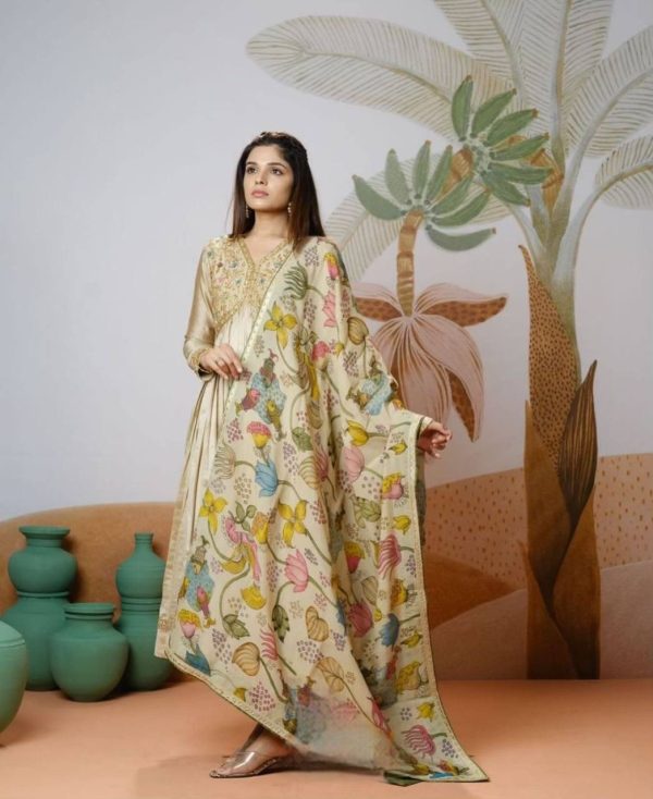 PC 438 Off White Chinon Gown with Kalamkari Print & Embroidery Work. Grab it for ₹1849. Delivery 4-6 Working Days. Shop now. | Lehenga, Bollywood Lehenga, Creative Lehenga, Designer Lehenga, Embroidered Lehenga, Party Wear Lehenga