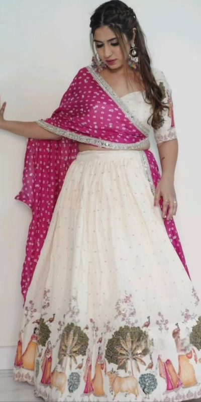 PC 520 Off White Silk Lehenga Choli Perfect for Wedding, Party, Onam, Sangeet, Holi – . Available at ₹2149 only. Delivery 4-6 Working Days. | Lehenga, Bollywood Lehenga, Creative Lehenga, Designer Lehenga, Embroidered Lehenga, Party Wear Lehenga