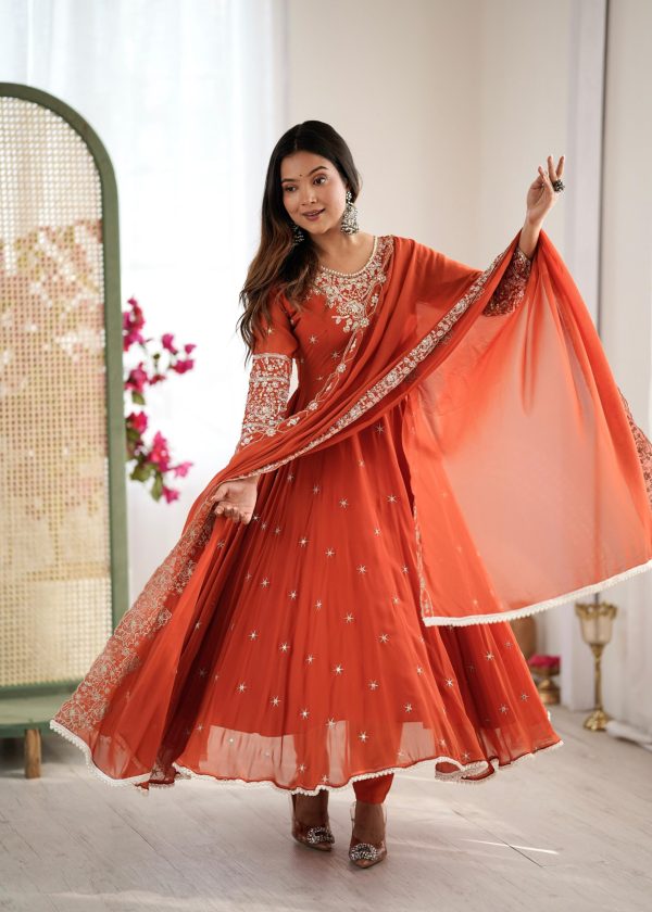 ZF 5012 Orange Blooming Faux Gown with Embroidery Work. Wedding, Party, Festive, Events Grab it for ₹2149. Delivery 4-6 Working Days. Shop now. | Lehenga, Bollywood Lehenga, Creative Lehenga, Designer Lehenga, Embroidered Lehenga, Party Wear Lehenga