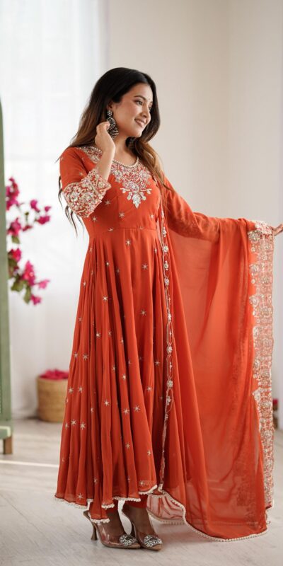 ZF 5012 Orange Blooming Faux Gown with Embroidery Work. Wedding, Party, Festive, Events Grab it for ₹2149. Delivery 4-6 Working Days. Shop now. | Lehenga, Bollywood Lehenga, Creative Lehenga, Designer Lehenga, Embroidered Lehenga, Party Wear Lehenga