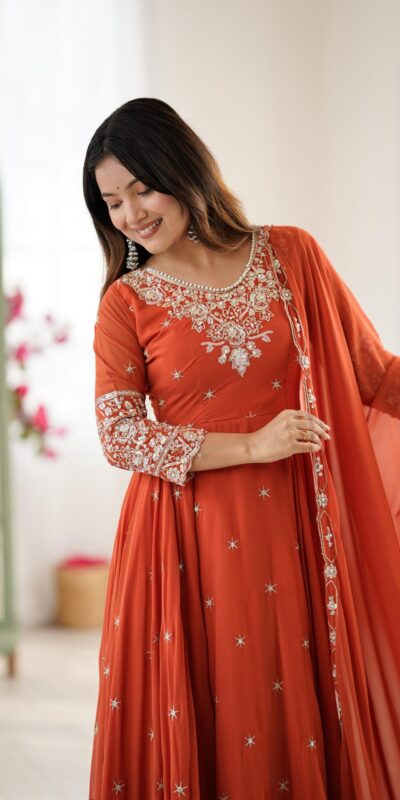 ZF 5012 Orange Blooming Faux Gown with Embroidery Work. Wedding, Party, Festive, Events Grab it for ₹2149. Delivery 4-6 Working Days. Shop now. | Lehenga, Bollywood Lehenga, Creative Lehenga, Designer Lehenga, Embroidered Lehenga, Party Wear Lehenga