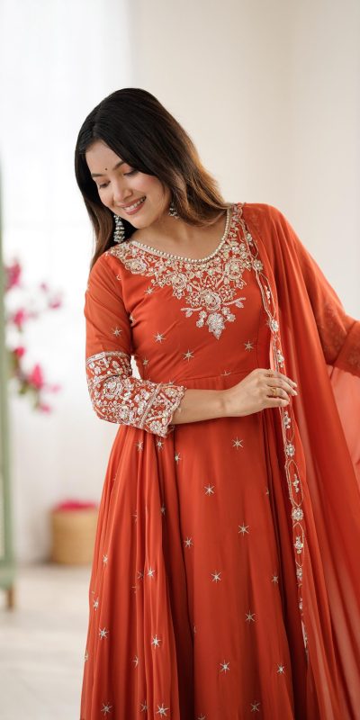 ZF 5012 Orange Blooming Faux Gown with Embroidery Work. Wedding, Party, Festive, Events Grab it for ₹2149. Delivery 4-6 Working Days. Shop now. | Lehenga, Bollywood Lehenga, Creative Lehenga, Designer Lehenga, Embroidered Lehenga, Party Wear Lehenga