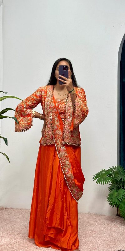 ST 1074 Orange Color Chinon Saree with Embroidery Work & Lace Work. Best Price ₹2399. Delivery 4-6 Working Days. Shop now. | Sarees, Bollywood Sarees, Creative Sarees, Designer Sarees, Embroidered Sarees, Ethnic Saree, Modern Digital sarees, Party Wear Sarees