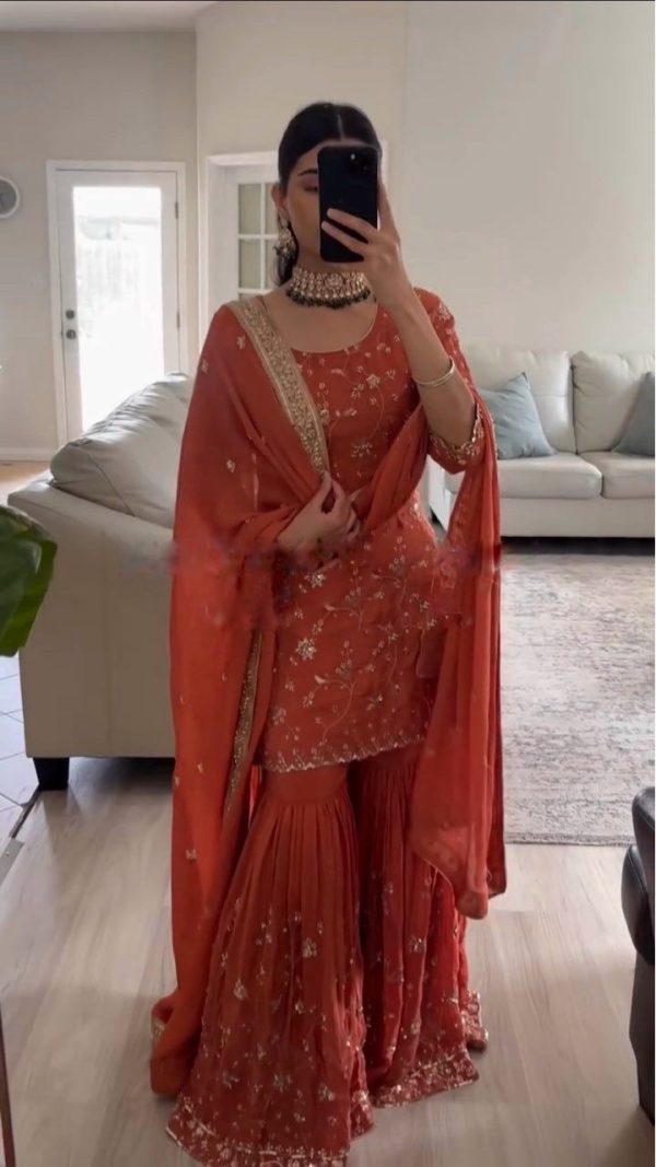 SRK 5303 Orange in Faux Georgette Lace Work & Embroidery Work Salwar Suit . Festive Deal ₹1999. Delivery 4-6 Working Days. Shop now. | Gowns, Bollywood Gowns, Creative Gowns, Designer Gowns, Embroidered Gowns, Party Wear Gowns