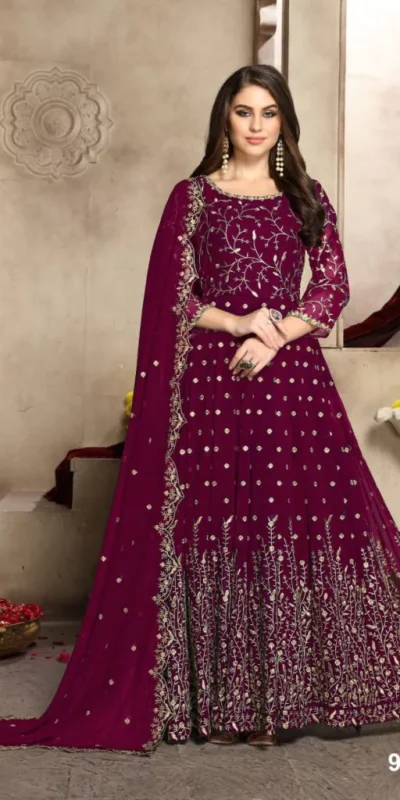 FC 94001 Purple Color Georgette Multi Thread Zari Stich Anarkali Suit Wedding, Party, Festive events, etc. Expected Delivery 4-6 Working Days @2399/- | Anarkali Suits, Bollywood Anarkali, Creative-Anarkali, Designer Anarkali, Embroidered Anarkali, Party Wear Anarkali