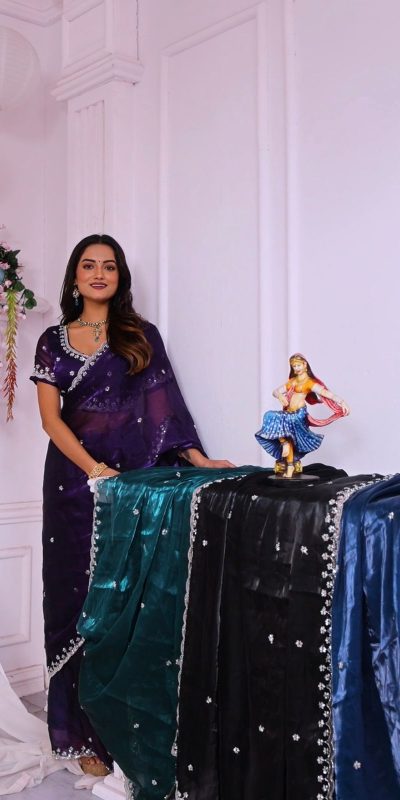 BT 400 Purple in Jimmy Chou Silk Embroidery Work & Lace Work Saree . Grab it for ₹2999. Delivery 4-6 Working Days. Shop now. | Sarees, Bollywood Sarees, Creative Sarees, Designer Sarees, Embroidered Sarees, Ethnic Saree, Modern Digital sarees, Party Wear Sarees