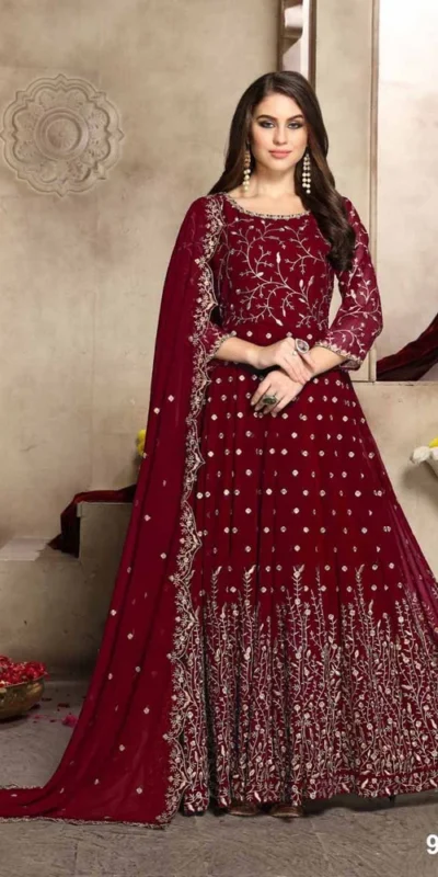 FC 94001 Red Color Georgette Multi Thread Zari Stich Anarkali Suit Wedding, Party, Festive events, etc. Expected Delivery 4-6 Working Days @2399/- | Anarkali Suits, Bollywood Anarkali, Creative-Anarkali, Designer Anarkali, Embroidered Anarkali, Party Wear Anarkali