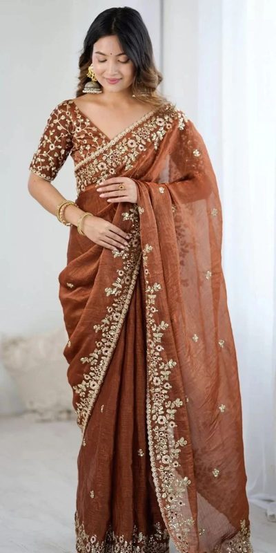 AC MISTY Rust in Fandy Chiffon Embroidery Work & Sequins Work Saree . Available at ₹1999 only. Delivery 4-6 Working Days. Shop now. | Sarees, Bollywood Sarees, Creative Sarees, Designer Sarees, Embroidered Sarees, Ethnic Saree, Modern Digital sarees, Party Wear Sarees