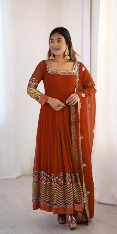 ZF 5010 Rust Georgette Gown Perfect for Wedding, Party, Pooja, Ethnic Day, Karwa Chauth – . Best Price ₹2049. Delivery 4-6 Working Days. Shop now. | Jump Suits, Salwar suit, Casual Suits, Creative suits, Designer Suits, Palazzo Suits, Party Wear Suits, Patiala Suits, Straight Suits
