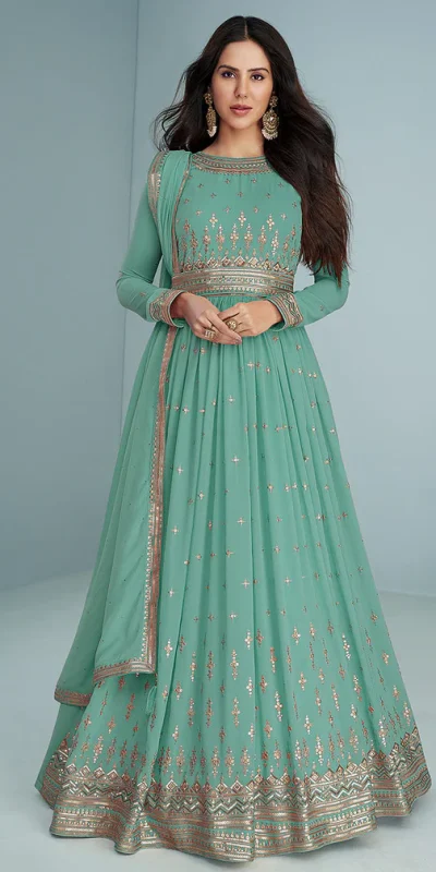 FC 9293 Sea Green Georgette Salwar Suit with Embroidery Work. Wedding, Party, Festive, Events, Now at just ₹2649. Delivery 4-6 Working Days. Shop now. | Jump Suits, Salwar suit, Casual Suits, Creative suits, Designer Suits, Palazzo Suits, Party Wear Suits, Patiala Suits, Straight Suits