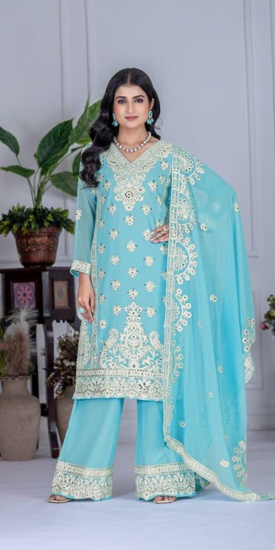 KF 1688 Sky Blue Faux Georgette with Embroidery Work & Mirror Work Salwar Suit . Exclusive Offer ₹2099. Delivery 4-6 Working Days. Shop now. | Jump Suits, Salwar suit, Casual Suits, Creative suits, Designer Suits, Palazzo Suits, Party Wear Suits, Patiala Suits, Straight Suits