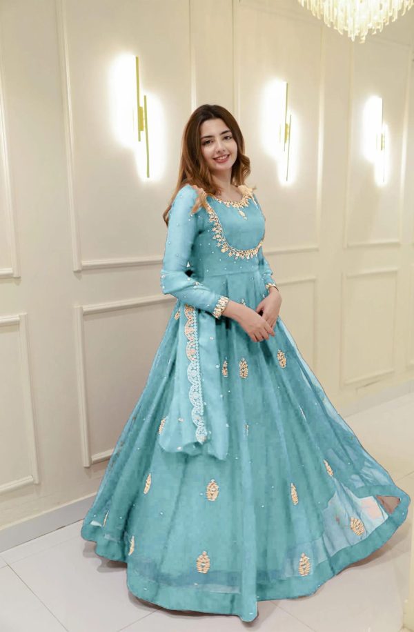 LG 2006 Sky Blue Georgette Gown Perfect for Wedding, Party, Engagement, Diwali, Sangeet . Exclusive Offer ₹1999. Delivery 4-6 Working Days. Shop now. | Gowns, Bollywood Gowns, Creative Gowns, Designer Gowns, Embroidered Gowns, Party Wear Gowns