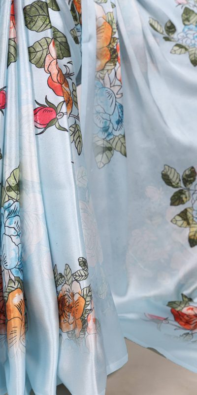 YNF 7004 Sky Blue Color Satin Silk Floral Printed Designer Work Saree . Grab it for ₹1549. Delivery 4-6 Working Days. Shop now. | Sarees, Bollywood Sarees, Creative Sarees, Designer Sarees, Embroidered Sarees, Ethnic Saree, Modern Digital sarees, Party Wear Sarees