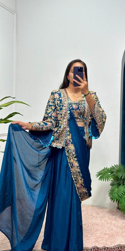 ST 1074 Teal Color Chinon Saree with Embroidery Work & Lace Work. Wedding, Party, Festive, Events, Best Price ₹2399. Delivery 4-6 Working Days. Shop now. | Sarees, Bollywood Sarees, Creative Sarees, Designer Sarees, Embroidered Sarees, Ethnic Saree, Modern Digital sarees, Party Wear Sarees