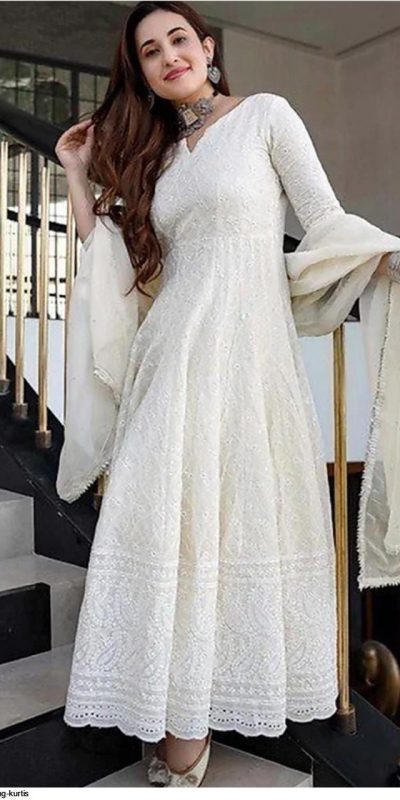 MF 511 White Cotton with Lace Work Gown . Wedding, Party, Festive, Events, Affordable Price ₹1549. Delivery 4-6 Working Days. Shop now. | Gowns, Bollywood Gowns, Creative Gowns, Designer Gowns, Embroidered Gowns, Party Wear Gowns