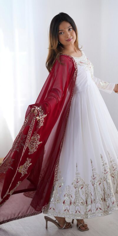 ZF 5008 White Georgette Gown with Embroidery Work. Wedding, Party, Festive, Events, Special Price ₹2049. Delivery 4-6 Working Days. Shop now. | Jump Suits, Salwar suit, Casual Suits, Creative suits, Designer Suits, Palazzo Suits, Party Wear Suits, Patiala Suits, Straight Suits