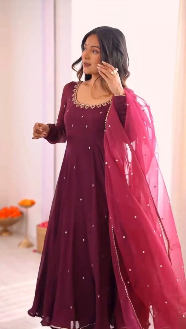 ZSR 3148 Wine Fox Georgette Gown Perfect for Wedding, Party, Traditional Day, Diwali, Anniversary – . Introductory Price ₹1949. Delivery 4-6 Working Days | Gowns, Bollywood Gowns, Creative Gowns, Designer Gowns, Embroidered Gowns, Party Wear Gowns