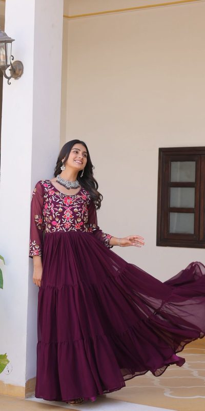 Ram 082 Wine Fox Georgette Gown Perfect for Wedding, Party, Sangeet, Durga Puja, Reception – . Grab it for ₹1849. Delivery 4-6 Working Days. Shop now. | Jump Suits, Salwar suit, Casual Suits, Creative suits, Designer Suits, Palazzo Suits, Party Wear Suits, Patiala Suits, Straight Suits