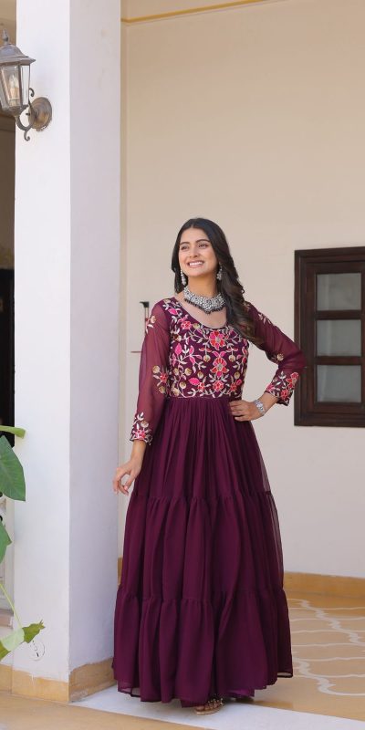 Ram 082 Wine Fox Georgette Gown Perfect for Wedding, Party, Sangeet, Durga Puja, Reception – . Grab it for ₹1849. Delivery 4-6 Working Days. Shop now. | Jump Suits, Salwar suit, Casual Suits, Creative suits, Designer Suits, Palazzo Suits, Party Wear Suits, Patiala Suits, Straight Suits